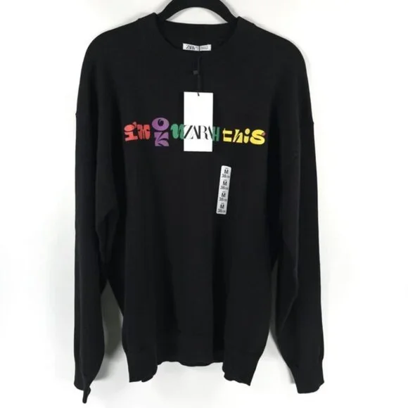 NWT ZARA “I’M OK WITH THIS” Text Print Black Crew Neck Knit Pullover Sweater M - Picture 5 of 11